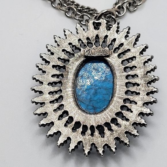 ESilver Medallion Necklace Crown Long Faux Turquoise - Picture 3 of 5